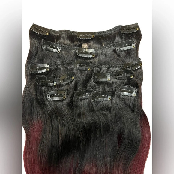 100% Human hair 16 Inches Clip in Hair extensions Balayage Black & Red 1B/ 99J - Picture 4 of 6
